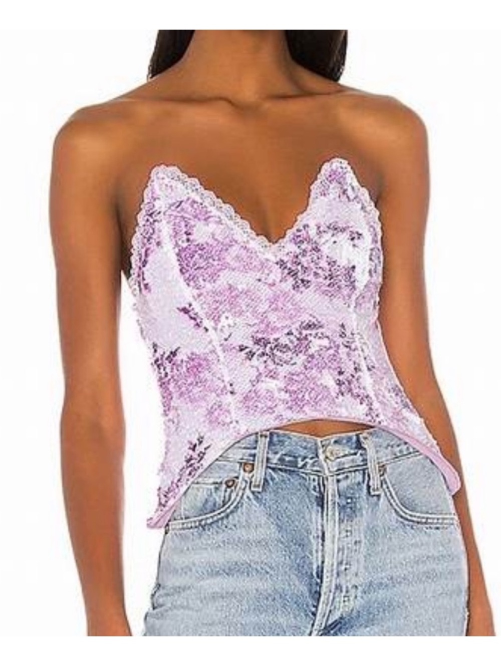 h:ours Lilac Lace-Trim Floral V-Neck Cami corset bustier sz S NWT